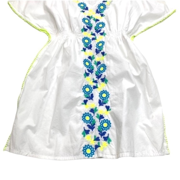 BODEN Girls Floral Embroidered Mexican Kaftan Dress in White / Blue/ Neon Yellow - Picture 8 of 10